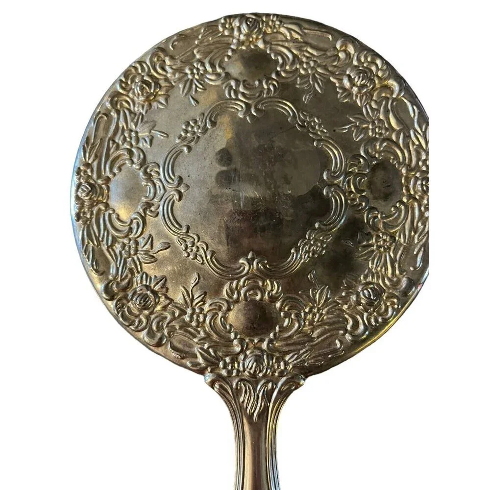 Vintage Antique Silver Plate Rose Pattern Vanity Hand Mirror Victorian
